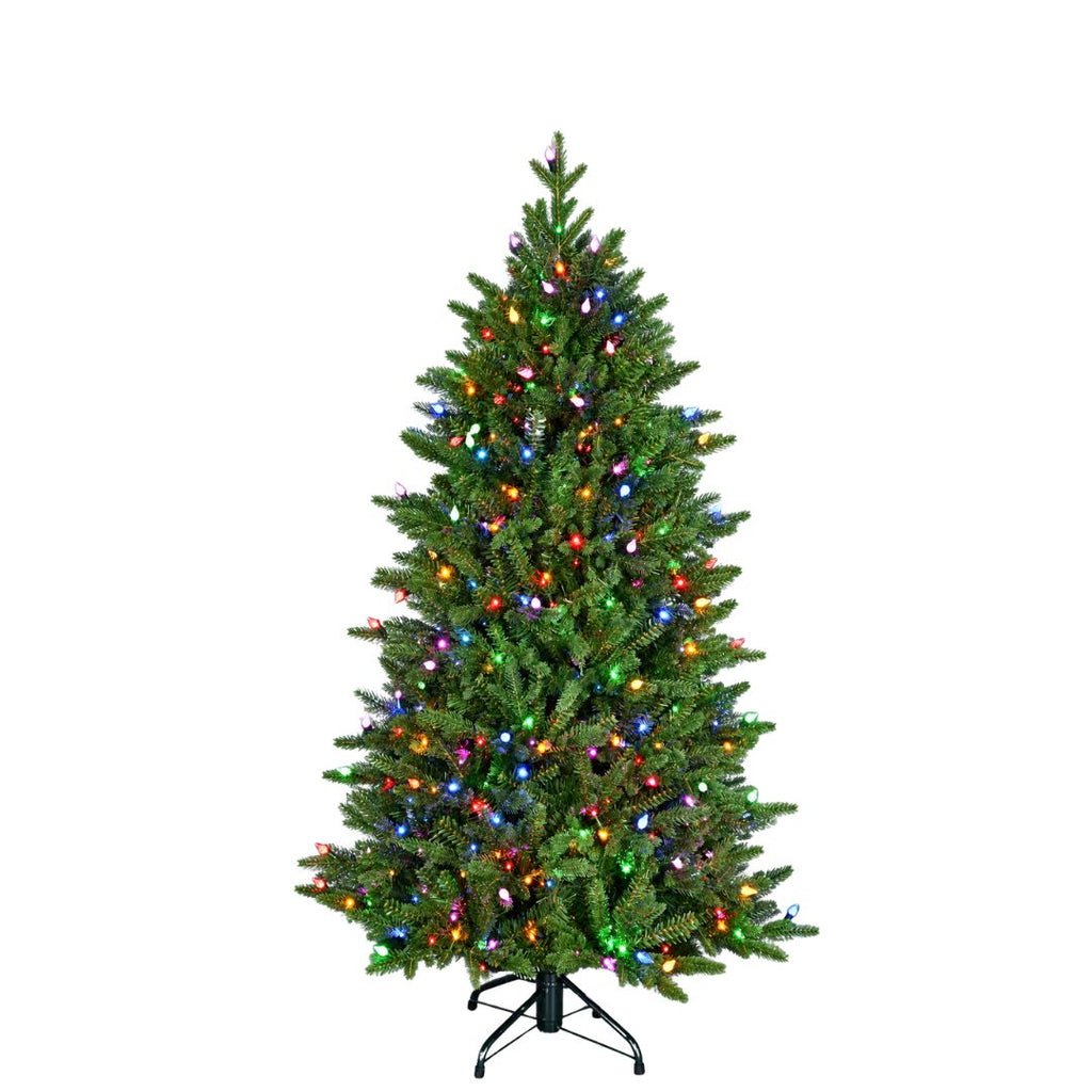 Five-foot, lifelike artificial Fraser Fir Multi-Function 5 ft. Christmas tree decorated with multicolored string lights on a black metal stand.