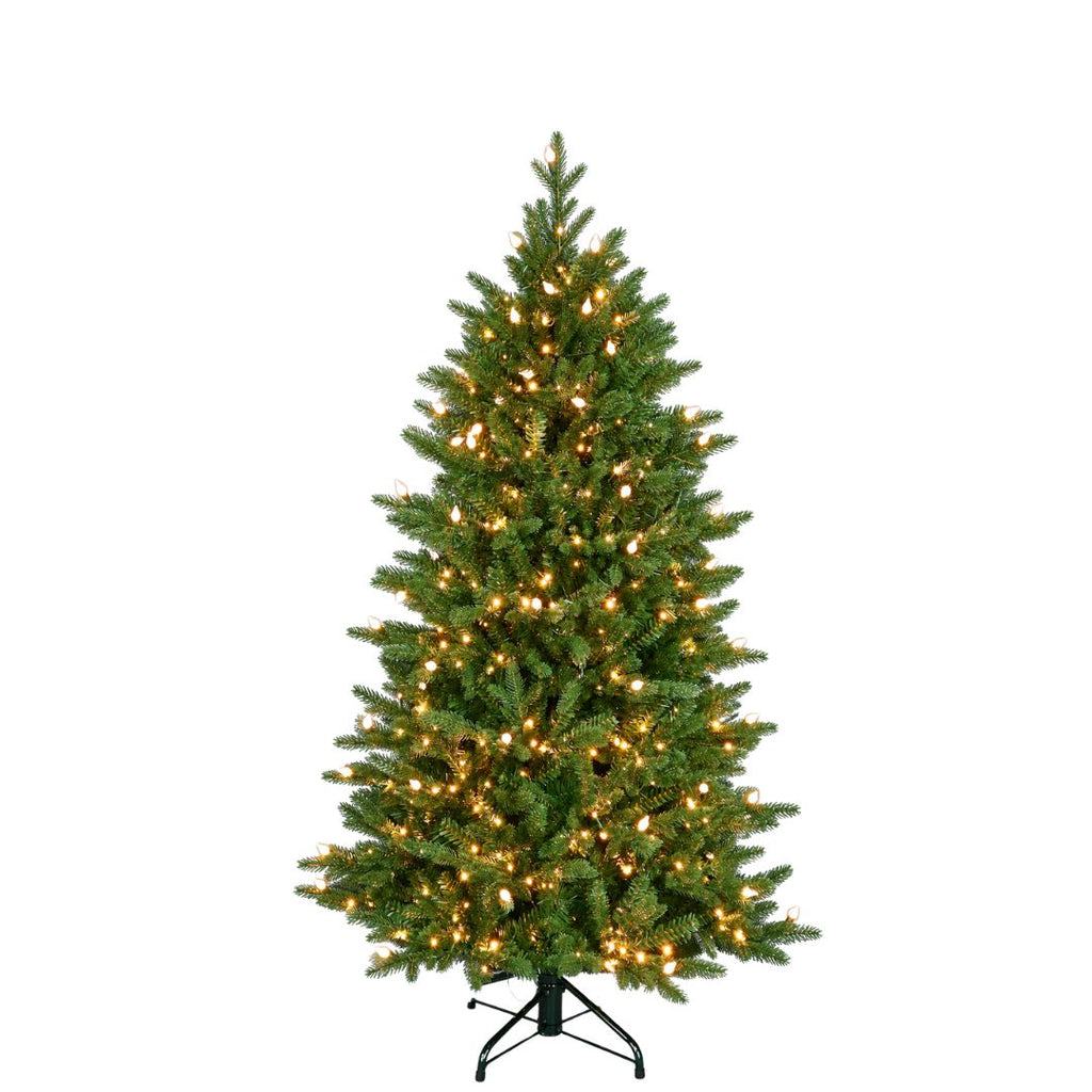 A 5 ft. Fraser Fir Multi-Function artificial Christmas tree with warm white lights on a metal stand.
