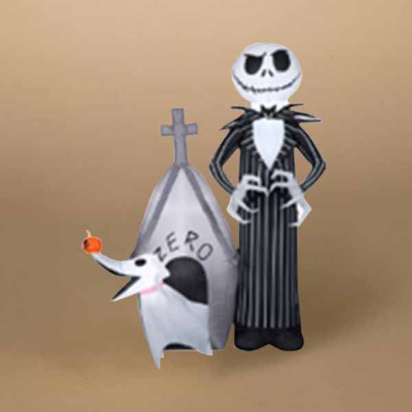 The Inflatable - Jack and Zero by Available for Pick-up & Delivery showcases a skeleton figure in a pinstripe suit with his pumpkin-headed ghost dog, Zero, in front of a grave-shaped doghouse labeled Zero, perfect for capturing Halloweens whimsical spirit against a plain tan background.