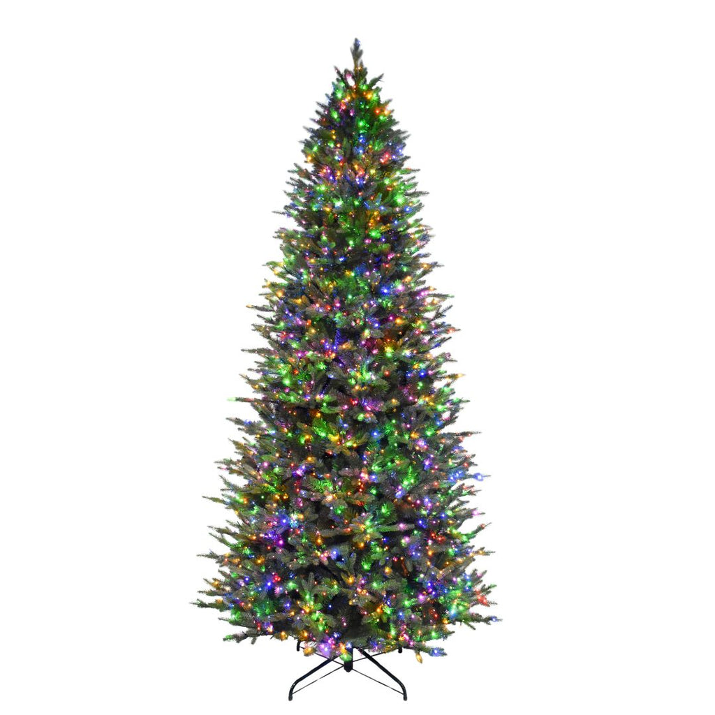 A tall, lifelike 9 ft Rocky Mountain Fir Multi-Function Lights artificial Christmas tree decorated with multicolored string lights on a metal stand.