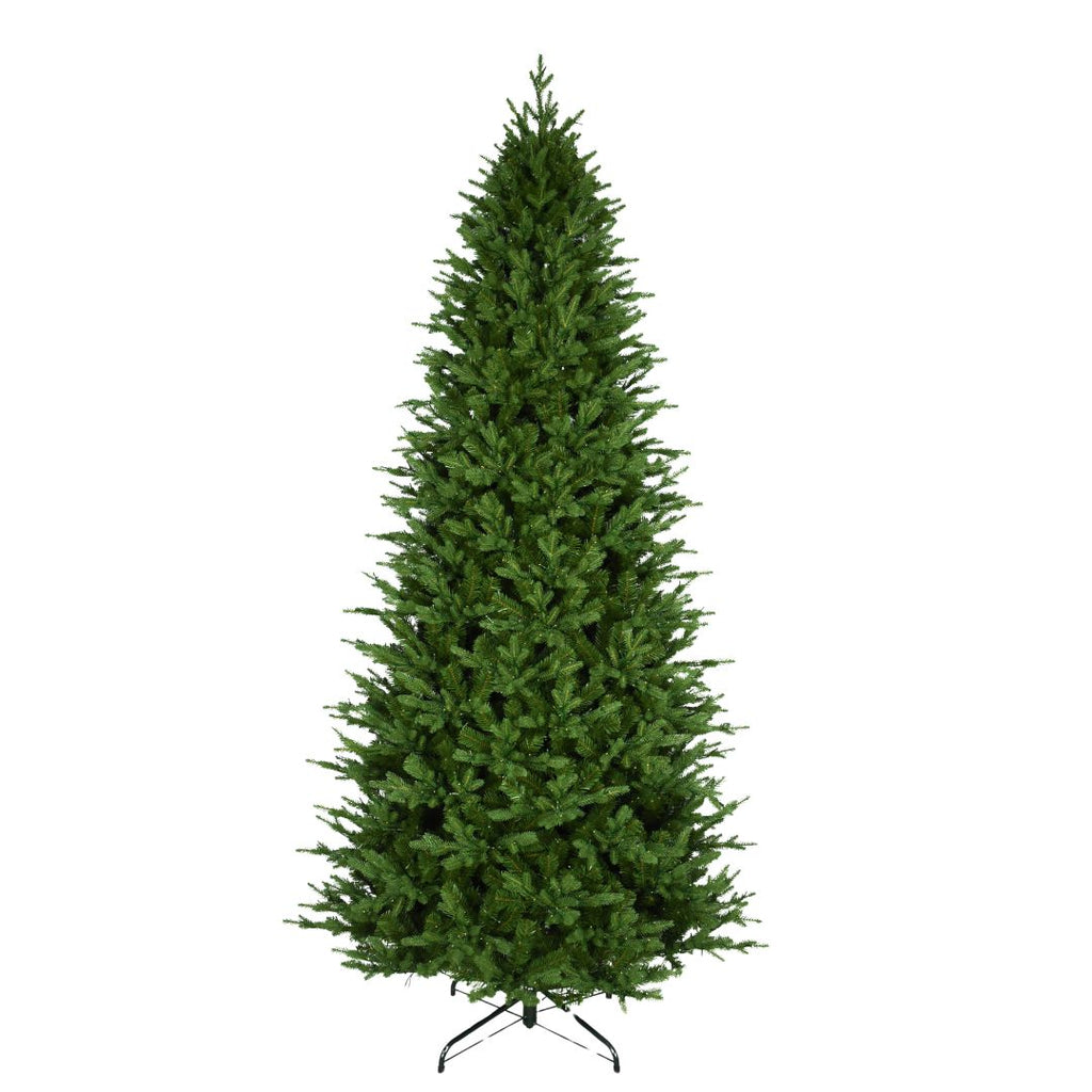 A 9 ft. Rocky Mountain Fir Multi-Function Lights Christmas tree, conical and lifelike, on a metal stand.