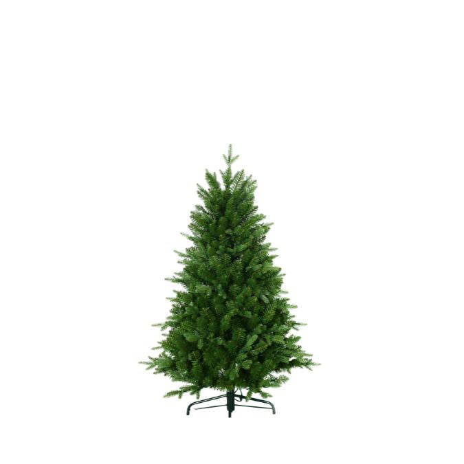 A small, lifelike Alberta Spruce Deluxe Multi-Function Light 4.5 Ft. artificial Christmas tree standing on a metal base against a white background.