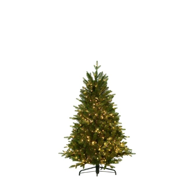 Alberta Spruce Deluxe Multi-Function Light 4.5 Ft. artificial Christmas tree, pre-lit with warm white lights on a black metal stand for easy set-up.