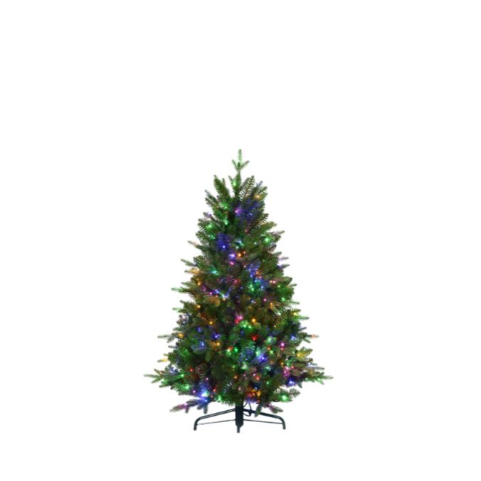 An Alberta Spruce Deluxe Multi-Function Light 4.5 Ft. artificial Christmas tree decorated with multicolored string lights on a metal stand.