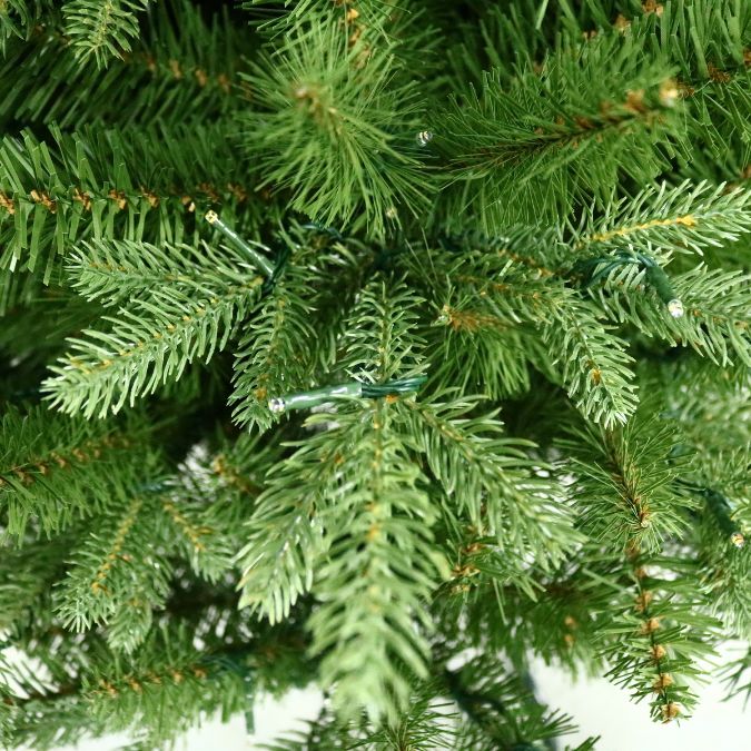 Close-up of lifelike branches on an Alberta Spruce Deluxe Multi-Function Light 4.5 Ft. artificial Christmas tree with integrated string lights.