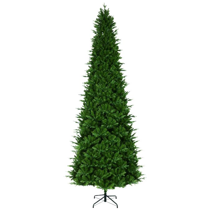 A 12 Ft. Alberta Spruce Slim Multi-Function Lights artificial Christmas tree on a black metal stand.