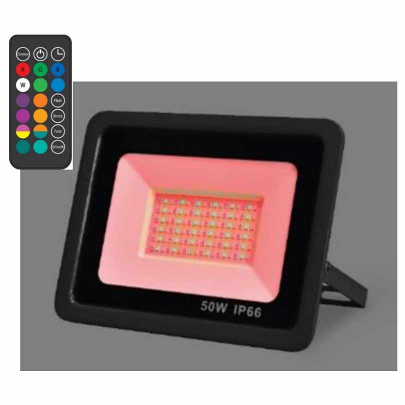 The All Seasons LED Color Show Floodlight - 65 Functions by Available for Pick-Up & Delivery features a black RGB 50W IP66 frame with a pink glow, set on a gray background; its colorful remote appears in the top left corner.