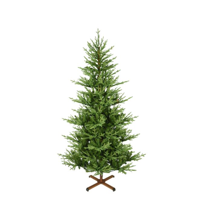 Appalachian Fir Multi-Function Lights 7.5 Ft. artificial Christmas tree with realistic green foliage standing on a wooden X-shaped stand.
