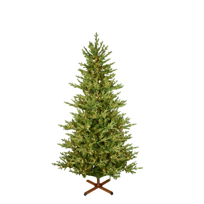 An Appalachian Fir Multi-Function Lights 7.5 Ft. pre-lit artificial Christmas tree with realistic green foliage on a wooden stand.
