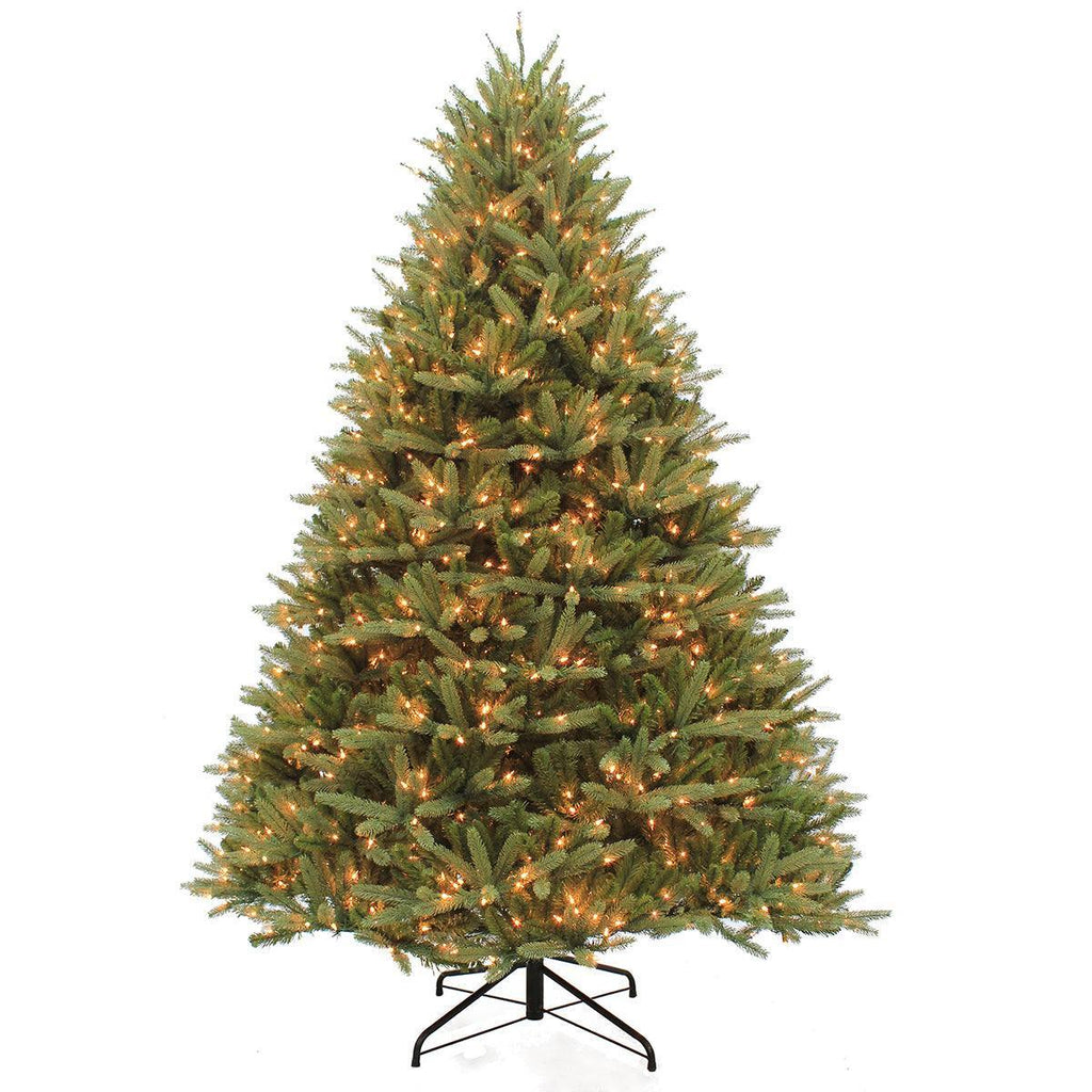 The 7.5 ft. Avalon Fir from Available for Pick-Up & Delivery features lifelike branches, warm white lights, and a black metal stand, offering a full and symmetrical shape that brings festive tradition to any space.