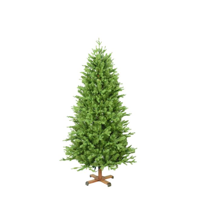 A five-foot Balsam Fir Multi-Function Lights 5 Ft. pre-lit artificial Christmas tree on a wooden stand.