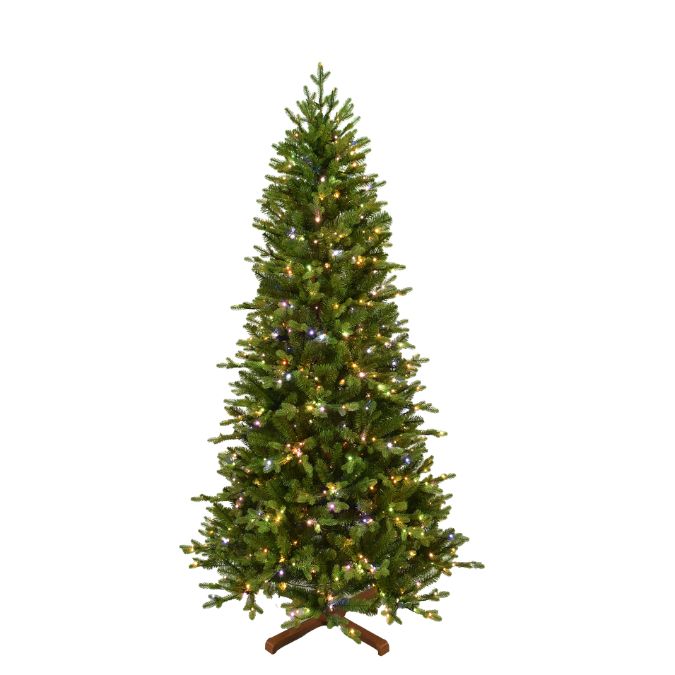 A 6.5-foot lifelike Balsam Fir Multi-Function Light 6.5 Ft. artificial Christmas tree with multi-colored lights standing on a wooden stand.