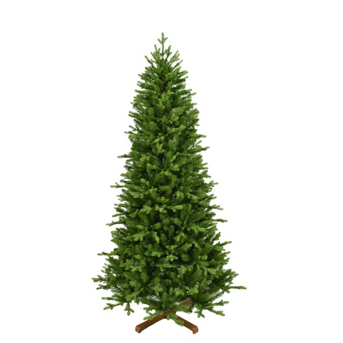 An unlit, lifelike Balsam Fir Multi-Function Light 6.5 Ft. artificial Christmas tree on a wooden X-shaped stand.