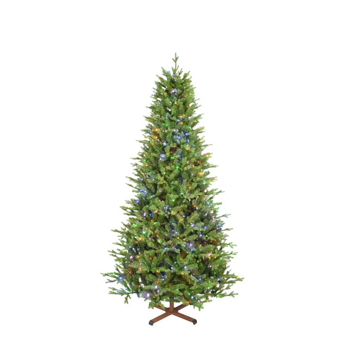 7.5 Ft. Balsam Fir Multi-Function Lights artificial Christmas tree with multi-colored lights on a brown metal stand.