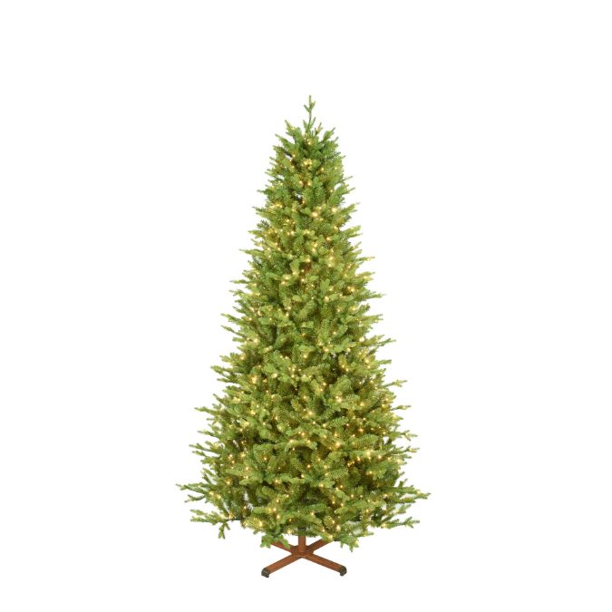 A 7.5 Ft. Balsam Fir Multi-Function Lights artificial Christmas tree with pre-lit warm white lights, standing on a four-legged metal stand.
