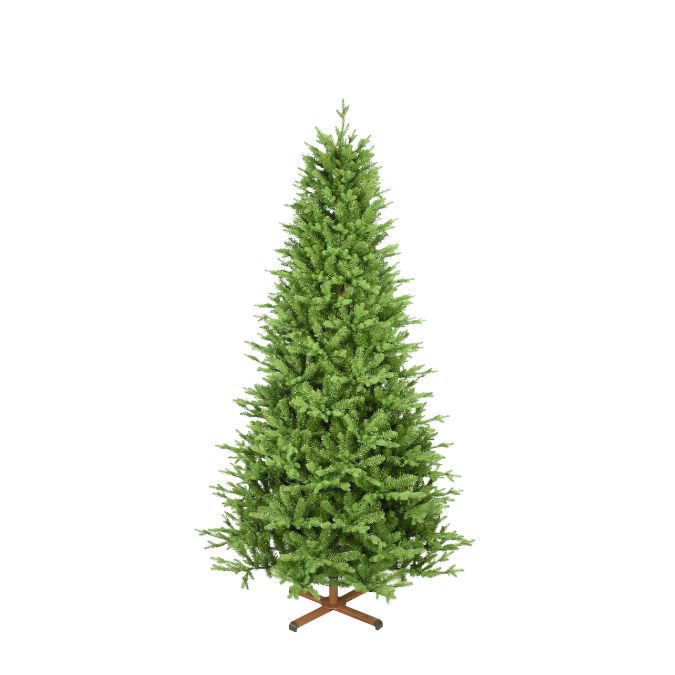 A lifelike 7.5 Ft Balsam Fir Multi-Function Lights artificial Christmas tree standing on a wooden X-shaped base.