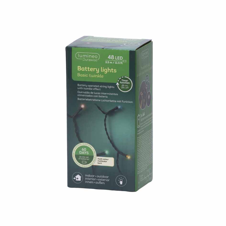 A green box of Durawise Battery Operated LED Twinkle String Lights Multi-Colored features 48 LEDs, indoor/outdoor use, 60-day battery life, and a product photo. Brand: Available for Pickup & Delivery.