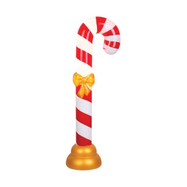 The 41” Blow Mold Candy Cane by Available for Pick-Up & Delivery stands upright with red and white stripes, features a golden bow, and rests on a golden base. This glossy piece echoes classic holiday decor.