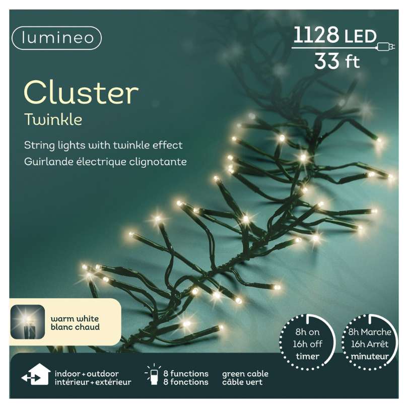 Cluster LED 1128 ct. String Lights Warm White by Available for Pick-Up & Delivery—features 1128 warm white LEDs, 33 ft length, twinkle effect, 8 lighting functions, green cable, timer options; ideal for indoor/outdoor holiday décor.