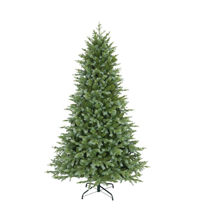 A 7.5-ft Concolor Fir Multi-Function Lights 7.5 Ft. artificial Christmas tree with lifelike green foliage on a metal stand.