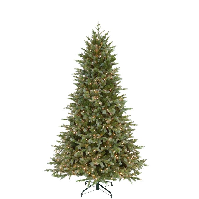 A 7.5 Ft. Concolor Fir Multi-Function Lights artificial Christmas tree, pre-lit with small warm white lights and standing on a metal base.
