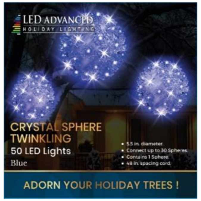 The Crystal Sphere LED Light – Blue – 5.5-Inch features 50 LEDs, ideal for outdoor holiday décor. Connect up to 30 spheres, spaced 48