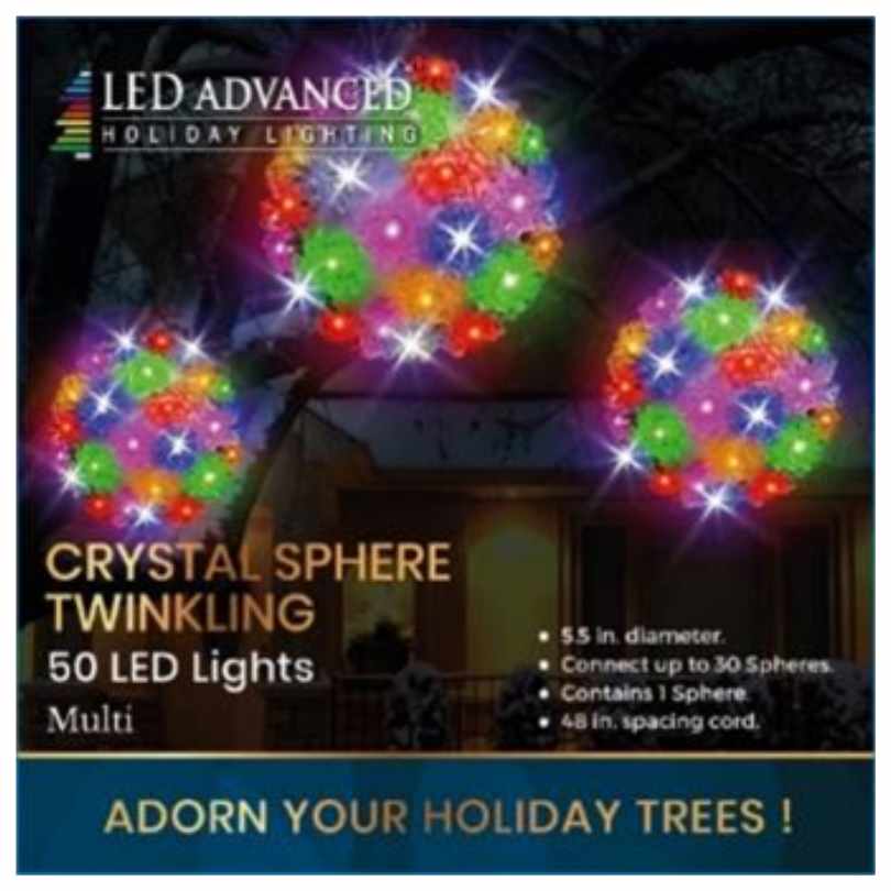 The 5.5-Inch Multi Crystal Sphere LED Light from Available for Pick-Up & Delivery features twinkling, multicolored LEDs, perfect for enchanting holiday décor when hung from tree branches at night.
