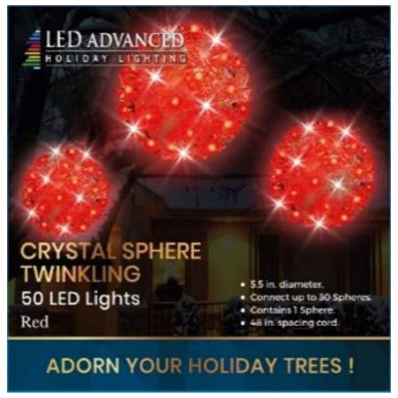 Adorn your holiday trees with the 5.5-Inch Red Crystal Sphere LED Light by Available for Pick-Up & Delivery—each sphere has 50 LEDs, 48-inch spacing, and up to 30 can connect, creating festive twinkles in your décor.