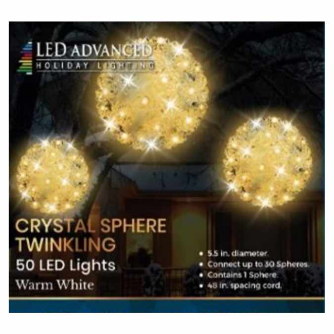 Three glowing Crystal Sphere LED Lights (5.5-Inch, warm white, 50 LEDs) hang outdoors at night—perfect for elegant holiday décor. Available for pick-up & delivery. Additional product specs appear in the image.