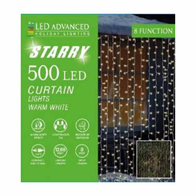 A box of Curtain Icicle Lights 500 Micro LED Set - Warm White by Available for Pick-Up & Delivery, with 8 functions, indoor/outdoor use, 12.66 ft length—perfect for creating a dazzling holiday backdrop.