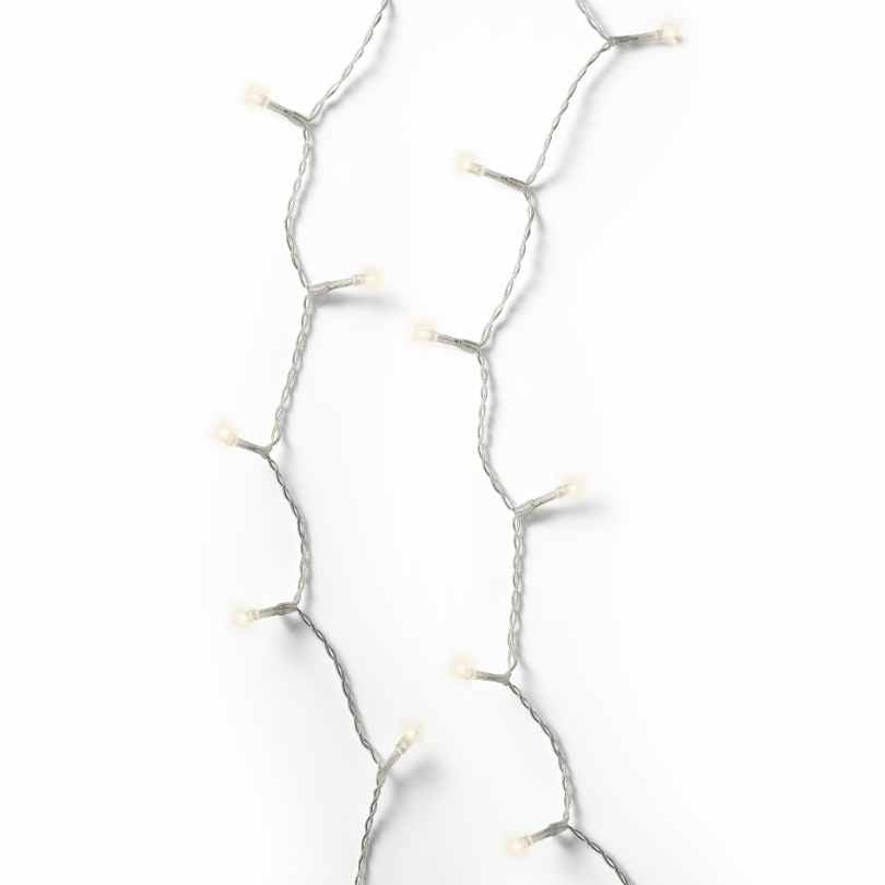 Close-up of two strands of Durawise Battery Operated LED Twinkle String Lights—Warm White by Available for Pick-Up & Delivery, featuring small bulbs on thin, twisted white wire against a plain white background.