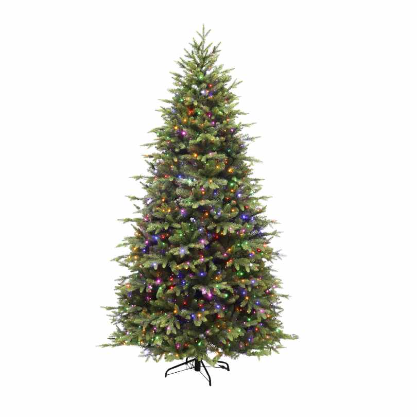 A tall, full 12 Ft. Eagle Point Grand Green Multi-Function Lights Christmas tree decorated with multi-colored lights.