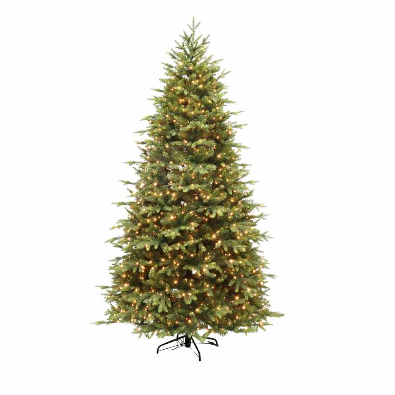 An Eagle Point Grand Green Multi-Function Lights 12 Ft. Christmas tree decorated with small, glowing string lights on a metal stand.