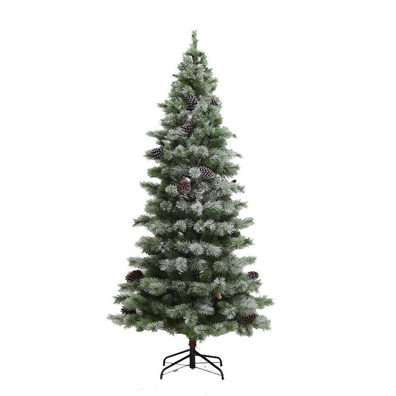 Artificial Christmas tree with frosted needles and cones.