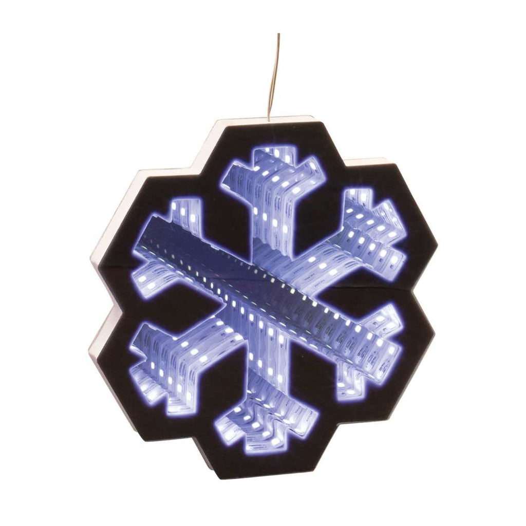 The Infinity Light – Snowflake Garland by Available for Pick-Up & Delivery features a glowing snowflake design with white and blue LEDs, creating an infinity mirror effect for festive holiday décor.