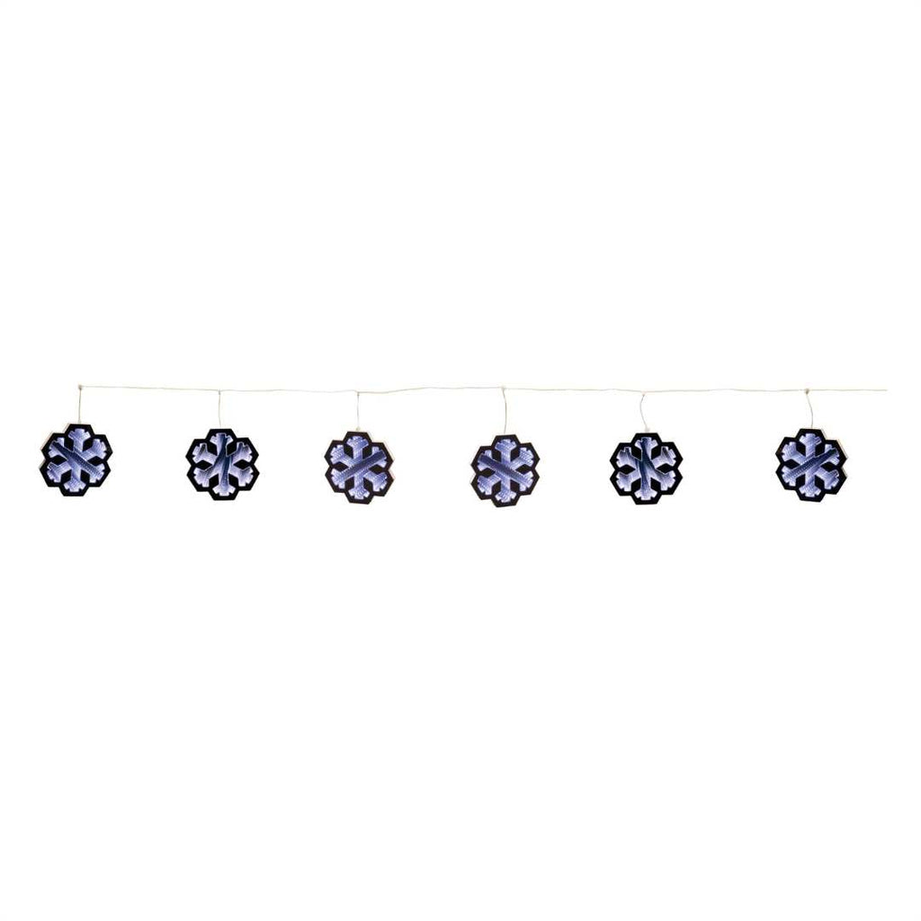 The Infinity Light – Snowflake Garland from Available for Pick-Up & Delivery features six glowing snowflake ornaments on a white cord—an ideal holiday décor piece to brighten any space.