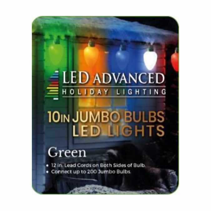 A package of Jumbo LED Lit Bulb - Green by Available for Pick-Up & Delivery, featuring 10 green oversized holiday bulbs shown lit on a snowy roof, with product details in white and gold on the front.