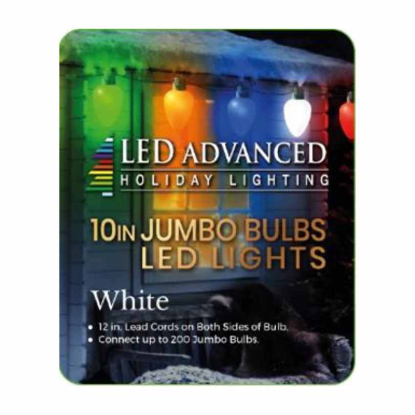 Packaging for All Delivery Options Jumbo LED Lit Bulb - White showcases 10in oversized Christmas bulbs, 12-in lead cords, and 200 bulb connectivity—perfect for dazzling LED holiday decor.