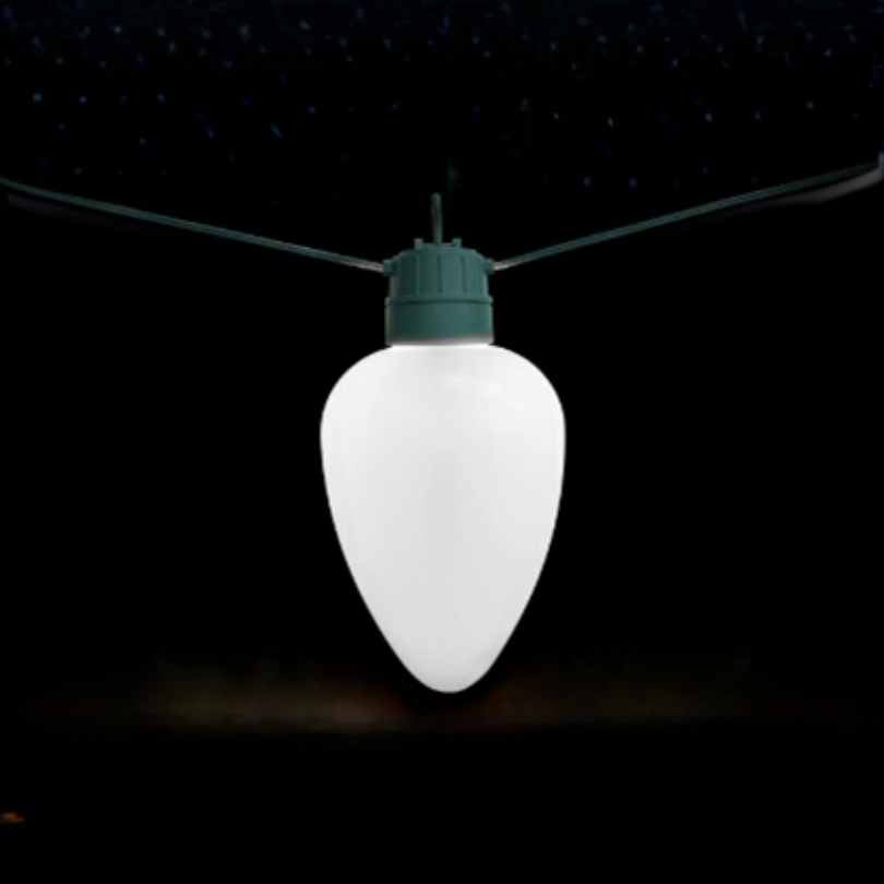 The All Delivery Options Jumbo LED Lit Bulb - White is a single oversized bulb-shaped Christmas light glowing on a dark green cord, shown against a black background.