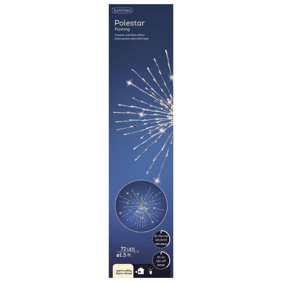 A rectangular box contains the Polestar Flashing LED 72 ct. Decoration Warm White by Available for Pick-Up & Delivery, featuring a photo of the glowing starburst and product details in white on blue packaging.