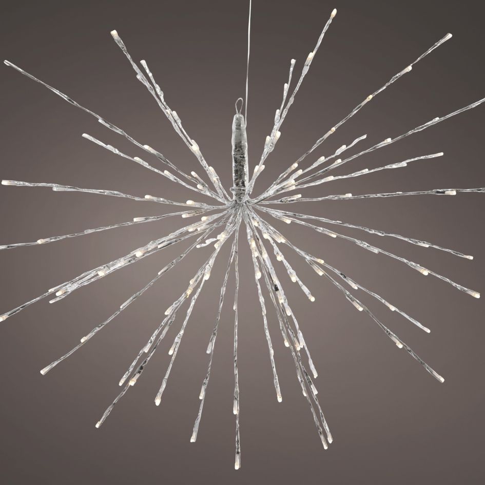 The Polestar Flashing LED 72 ct. Decoration Warm White by Available for Pick-Up & Delivery features a striking starburst design with thin, illuminated rods radiating warm white light—perfect for adding a festive touch to your décor.