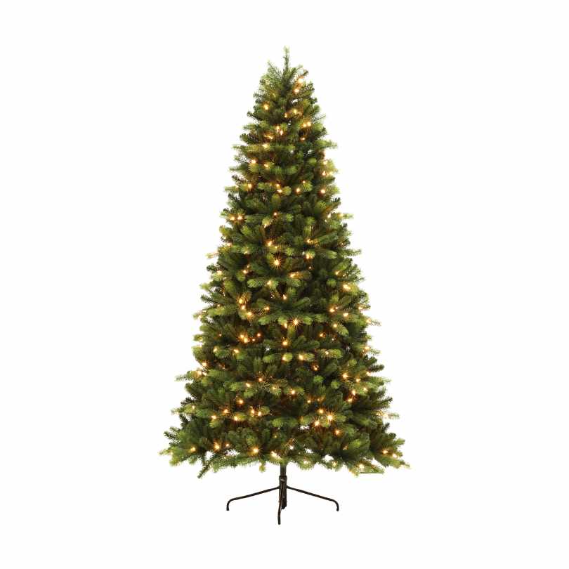 The Laguardia Fir LED 9-Function Lights 7.5 Ft. tree features warm LED lights evenly spread on its branches and comes with a black metal stand; available for pick-up & delivery.