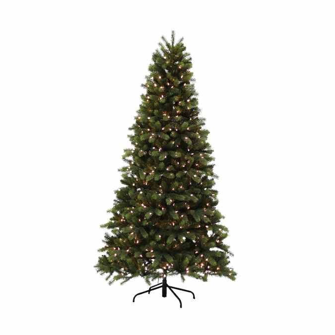The Laguardia Fir LED Warm White Lights 7.5 Ft. artificial Christmas tree from Available for Pick-Up & Delivery stands on a black metal base, featuring green branches and warm white LED lights against a plain white background.