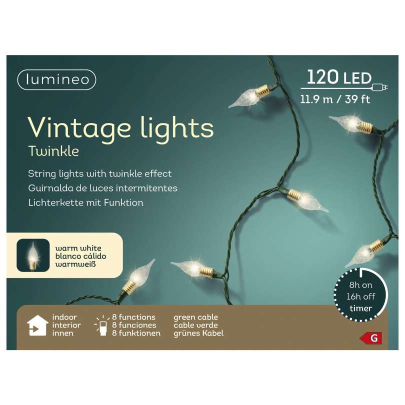 The LED 120 ct. Vintage String Lights Warm White by Available for Pick-Up & Delivery feature 120 warm white bulbs with twinkle effect, 8 functions, and an 8-hour timer on a green cable—perfect for indoor décor.