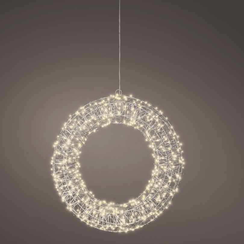 The Micro LED Lit Wreath - Warm White Lights - 15-Inch from Available for Pick-Up & Delivery features intertwined wire and glowing micro LEDs, hanging elegantly for stylish holiday décor.