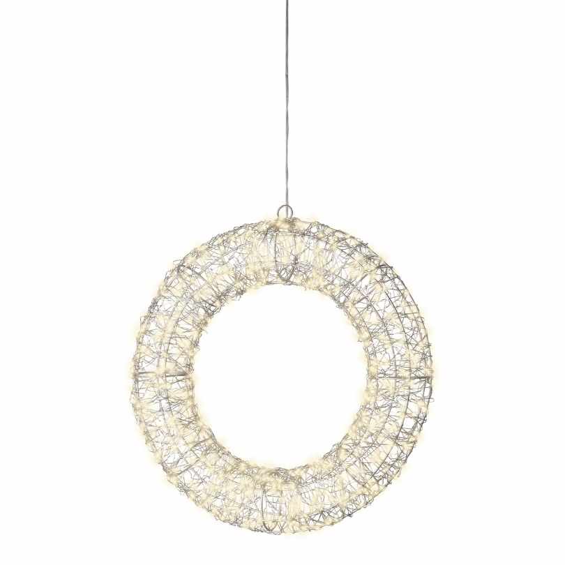 The Micro LED Lit Wreath - Warm White Lights (15-Inch) features silver wire with warm white LEDs, suspended by a slim cord—an elegant décor piece from Available for Pick-Up & Delivery, ideal for adding holiday style to any space.