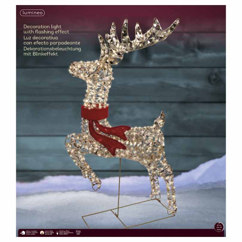 The Micro LED Leaping Lit Reindeer – Warm White Lights, available for pick-up & delivery, features a crystal-like design with a red scarf. It glows warmly from within, making it perfect for outdoor holiday décor.
