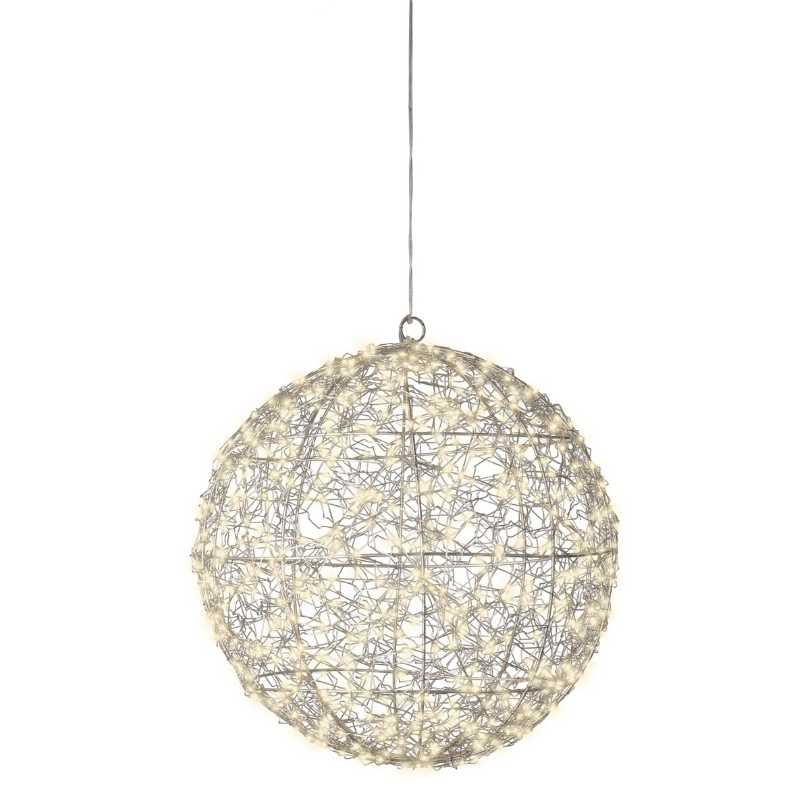 The 15-inch Micro LED Lit Ball – Warm White Lights by Available for Pick-Up & Delivery features a woven white wire frame with integrated LEDs, perfect for adding elegant outdoor holiday décor.