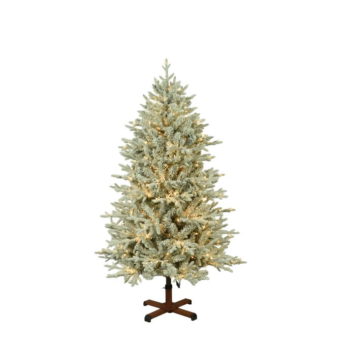 Nordic Flocked Fir Multi-Function Lights 5 Ft. artificial Christmas tree with flocked branches, multi-function warm white lights, and a brown metal stand.