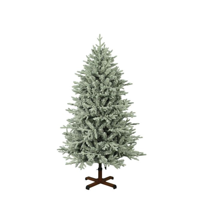 Nordic Flocked Fir Multi-Function Lights 5 Ft. artificial Christmas tree with flocked branches on a brown metal stand.